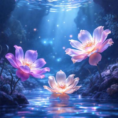 The primary subject of the image is a group of three purple flowers floating in a body of water. The setting is a serene underwater environment, with the flowers surrounded by water and possibly some rocks. The visual style is a combination of photo and digital art, creating a realistic yet artistic representation of the flowers. The colors and mood of the image are predominantly purple, creating a sense of calmness and tranquility.
